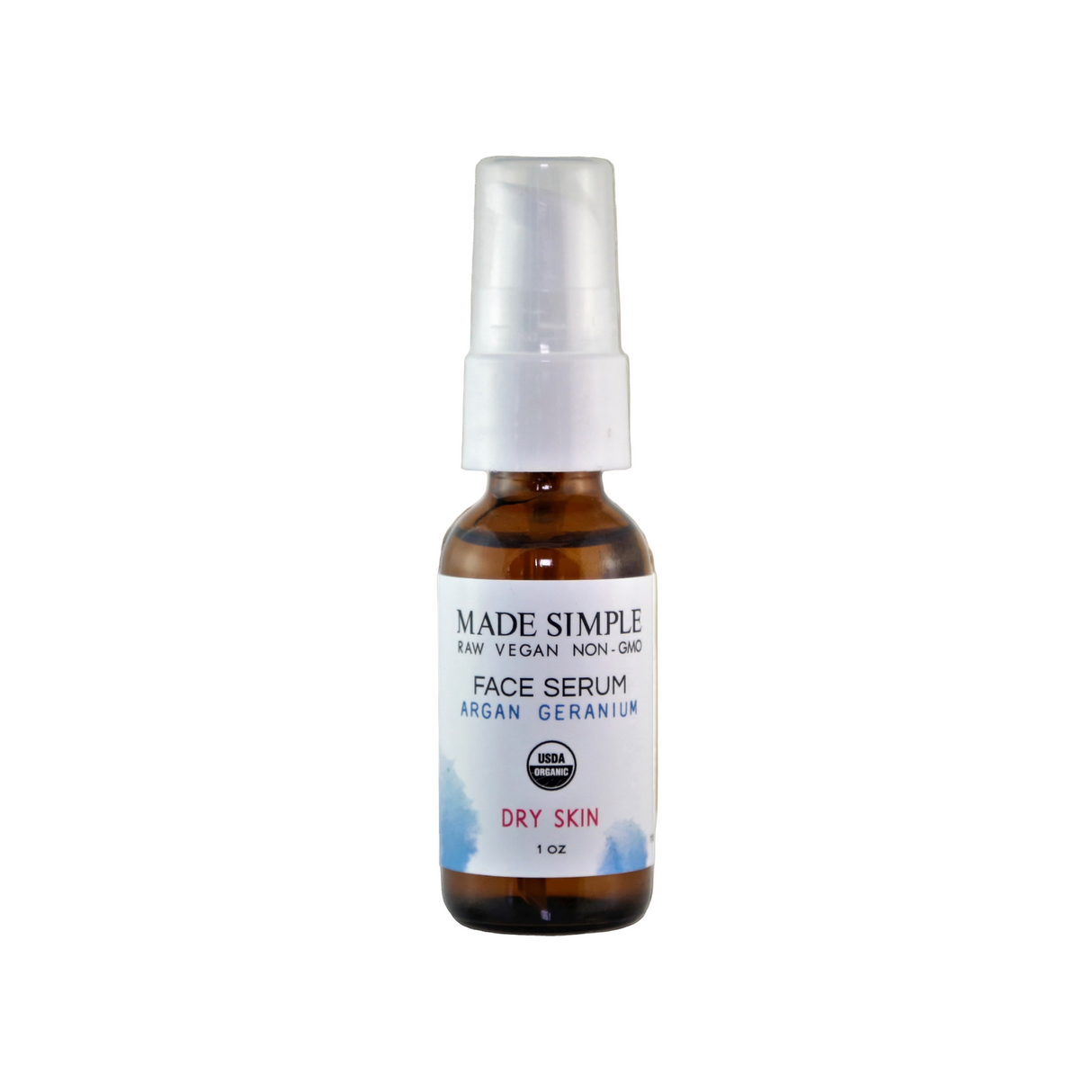 Bottle of Made Simple face serum with a white cap on a white background