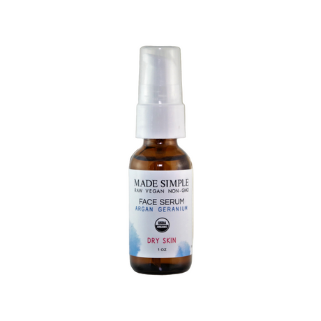 Bottle of Made Simple face serum with a white cap on a white background