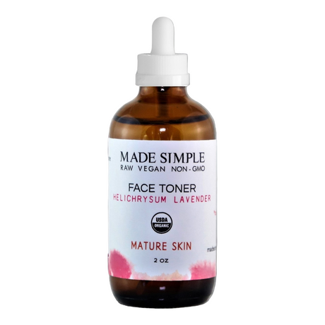 Bottle of Made Simple Face Toner with Helichrysum Lavender on a white background
