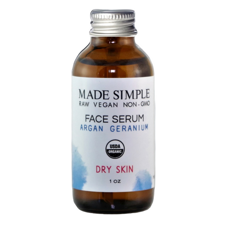 Bottle of Made Simple face serum with a white label on a white background