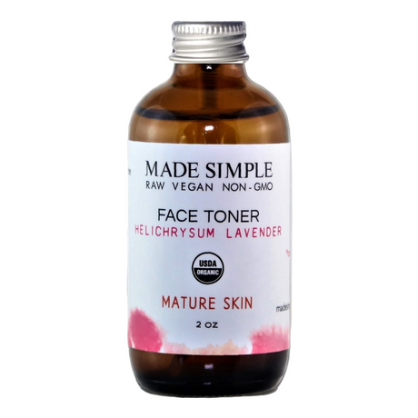 Bottle of Made Simple face toner with a white label on a white background