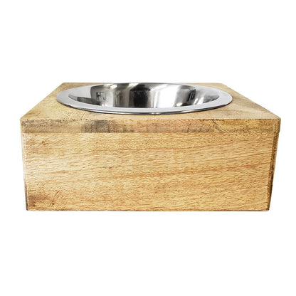 Stainless Steel Dog Bowl with Square Mango Wood Holder-1