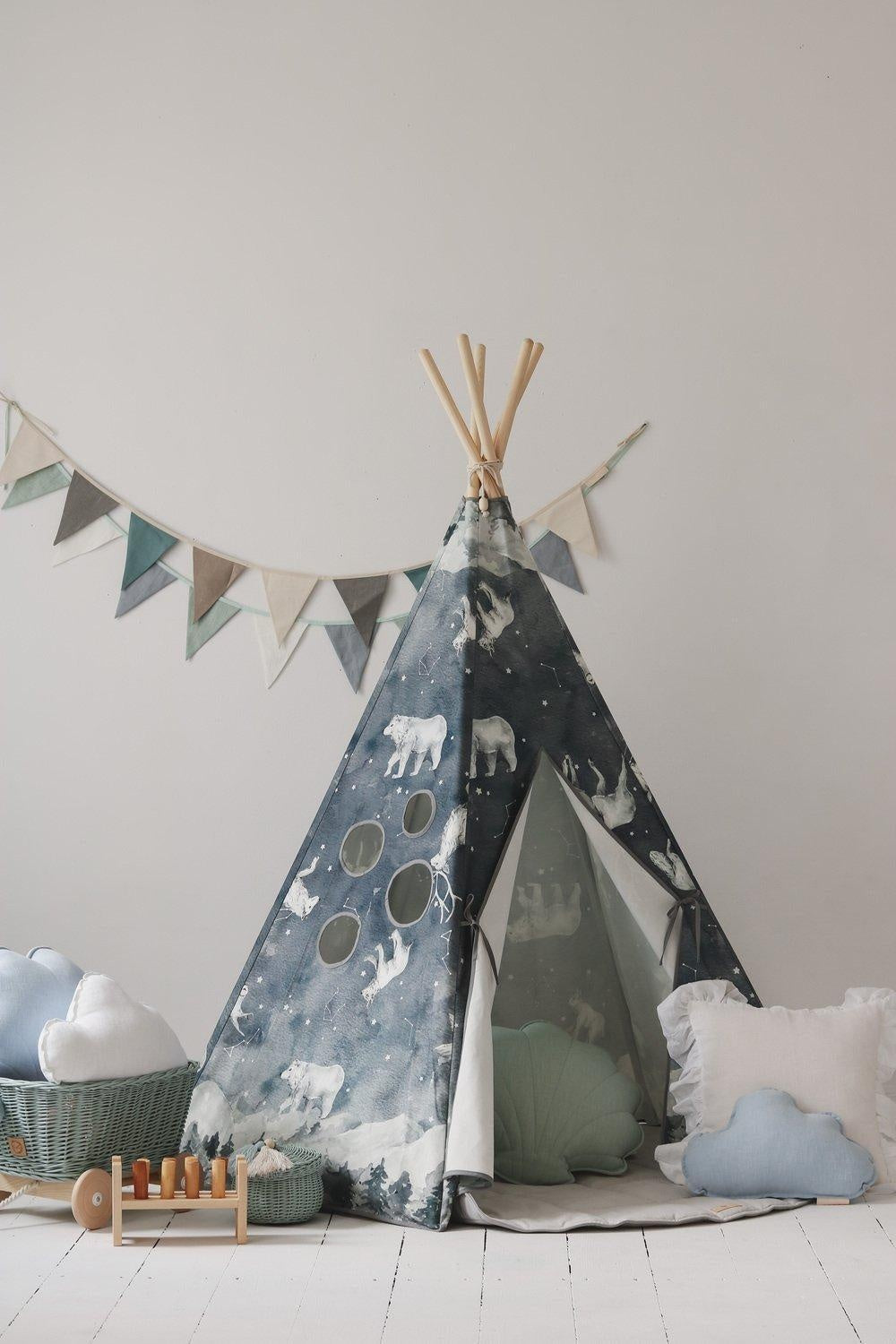 Teepee Tent “Night Sky”  + "White & Grey" Leaf Mat Set