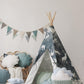 Teepee Tent “Night Sky”  + "White & Grey" Leaf Mat Set