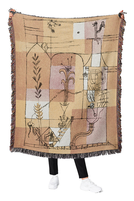 Cotton woven throw blanket inspired by Paul Klee, featuring an abstract modern design.
