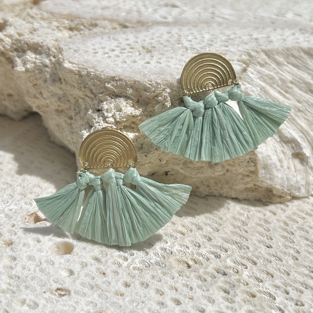 Sea Green Raffia Fan Earrings-1