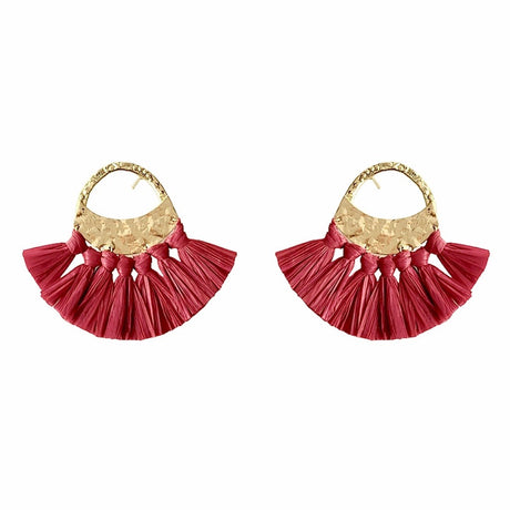Red Raffia Fan Earrings-0