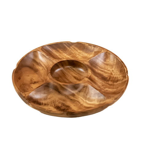 Wooden platter with divided sections on a white background