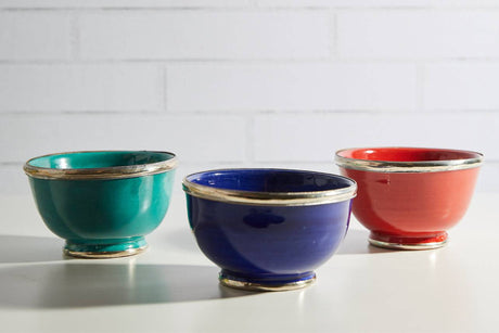 Moroccan Glazed Bowls Berber Silver Trim- Set of 3 (5" x 5" x 3") - Sumiye Co