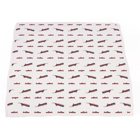 Vintage Steam Trains and Blue Stripe Bamboo Muslin Newcastle Blanket-4