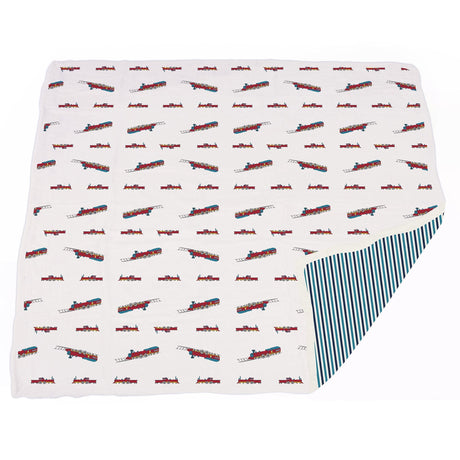 Vintage Steam Trains and Blue Stripe Bamboo Muslin Newcastle Blanket-2