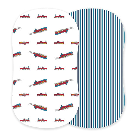 Vintage Steam Trains and Blue and White Stripe Bamboo Changing Pad Cover/Bassinet Sheets-0