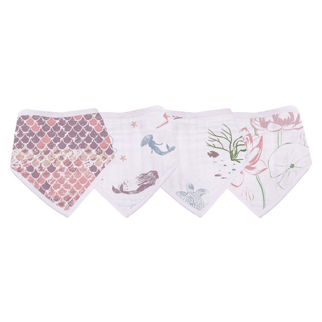 Set of four baby bibs with different patterns on a white background