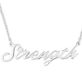 Silver necklace with 'Strength' pendant on a white background