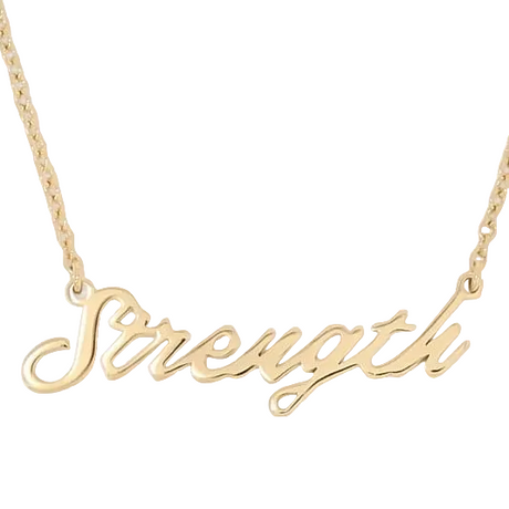 Gold necklace with 'Strength' pendant on a white background