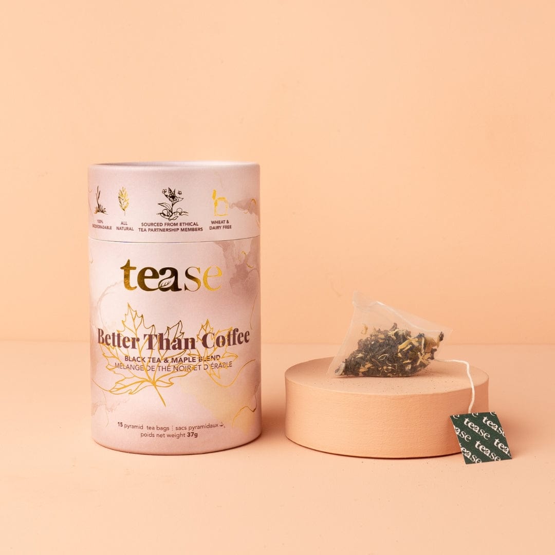 Tea canister labeled 'tease' with a tea bag on a peach background