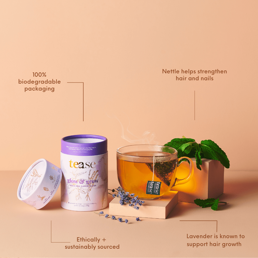Tease Tea tube-refill > wellness > biodegradable > tea > hair tea > skin tea > nettle Glow & Grow Glow & Grow Tea | Hair & Nail Support - Tease Wellness Blends