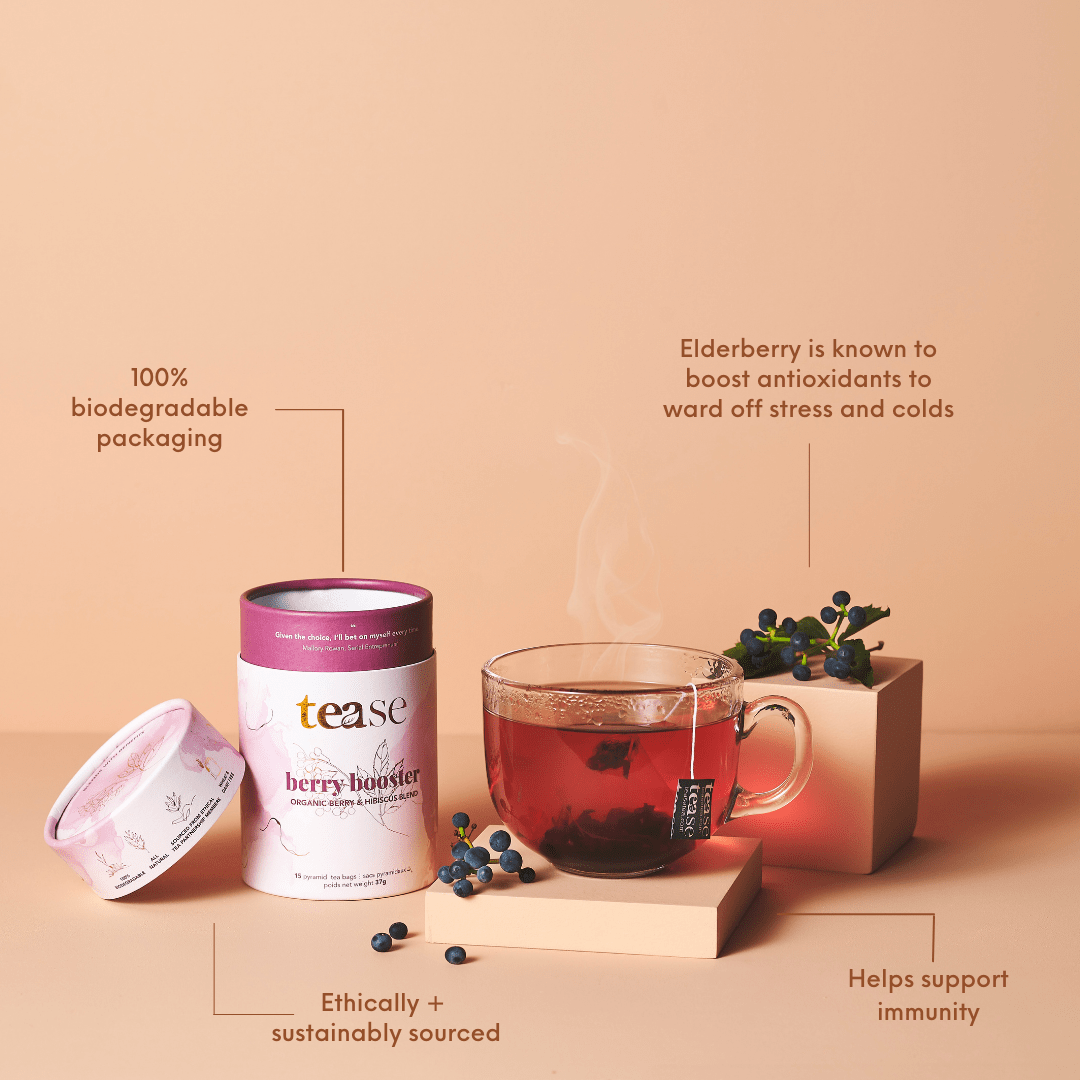 Tease Tea tube-refill > wellness > biodegradable > tea > immunity tea > antioxidants > elderberry Berry Booster Berry Booster Tea - Immunity Support - Tease Wellness Blends