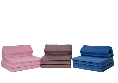 Three folding kids play sofas  in pink, brown, and blue on a white background