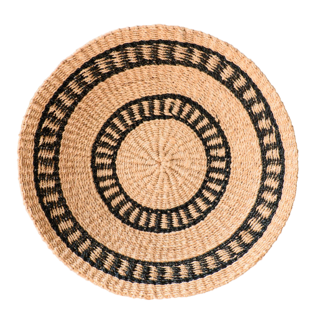 Woven placemat with black patterns on a white background