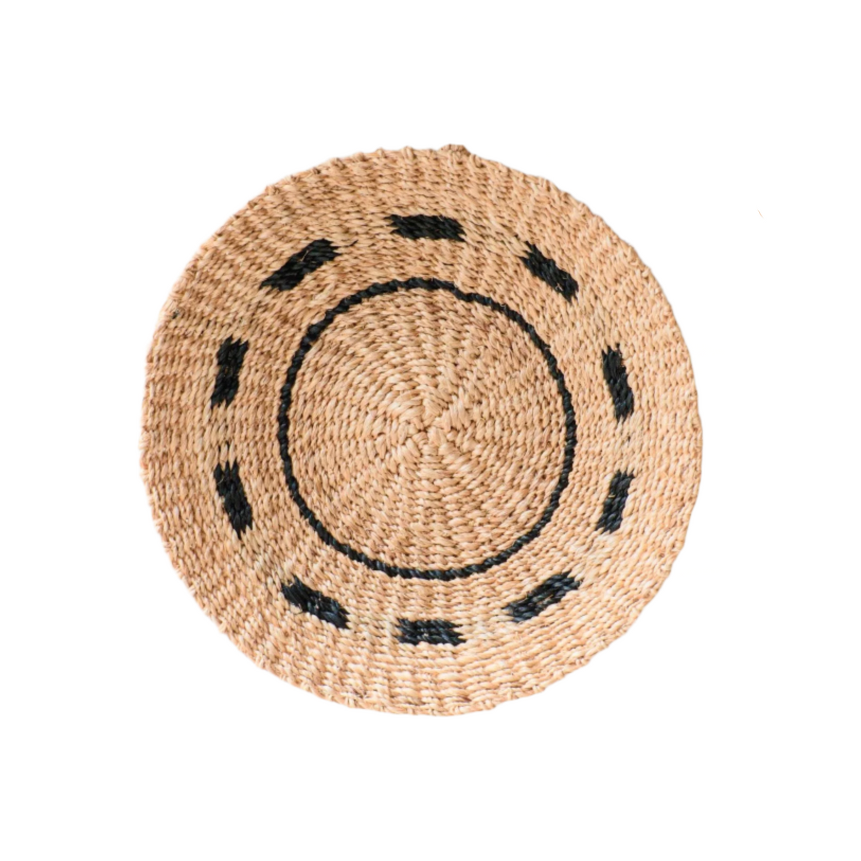 Round woven placemats with black accents on a white background