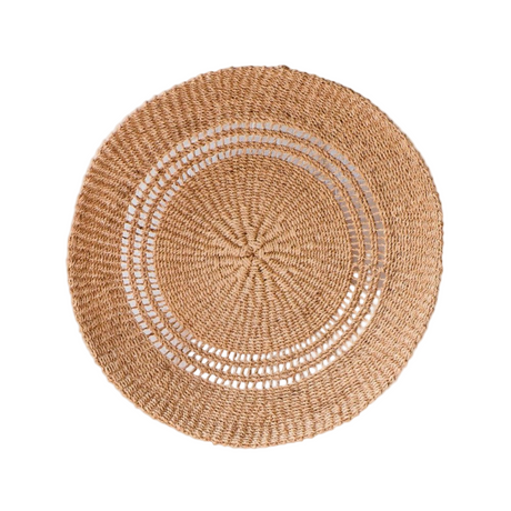 Round woven placemat with concentric circle pattern on a white background