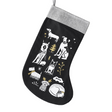 Black Christmas stocking with white dog illustrations on a white background