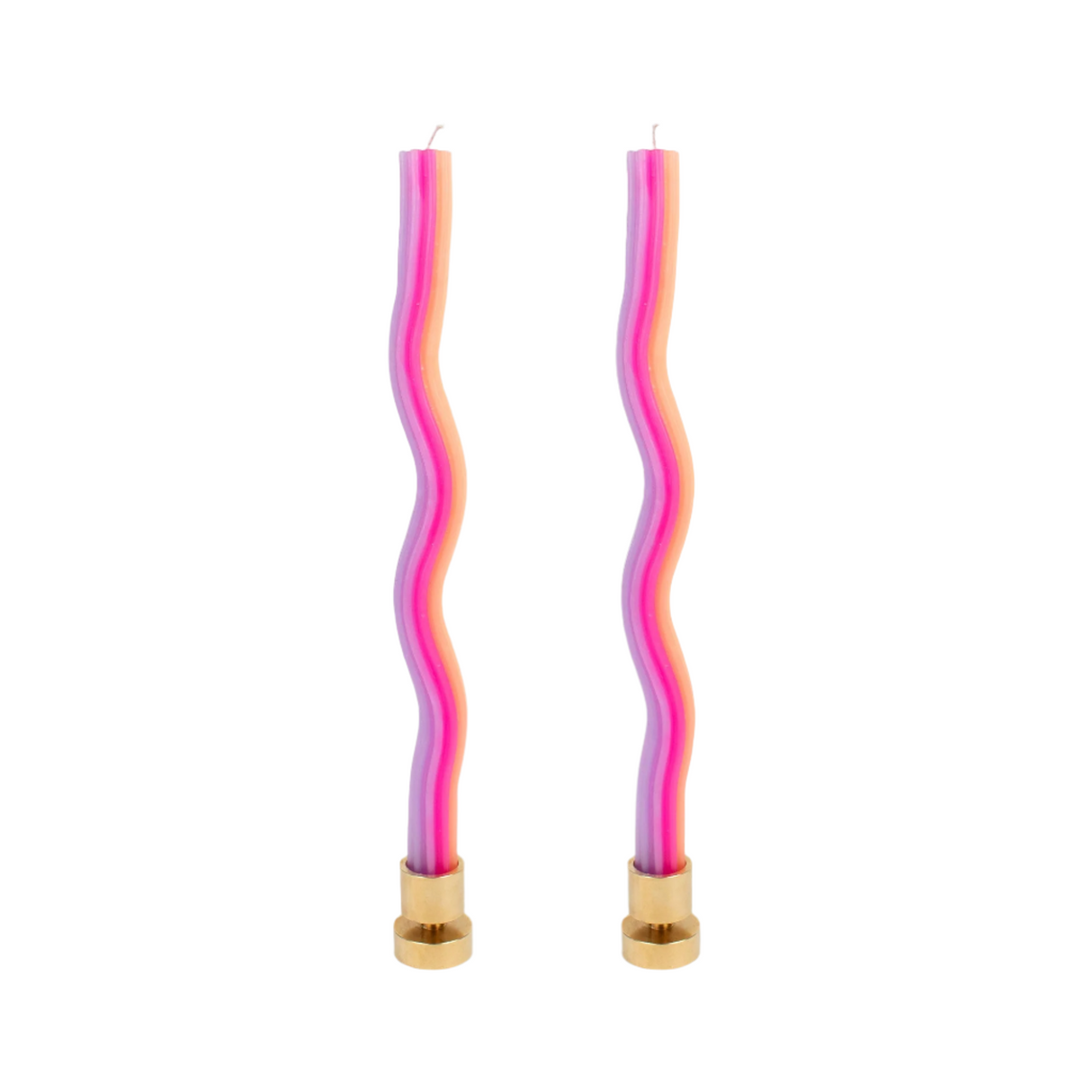 Two wavy, multicolored candles with gold bases on a white background