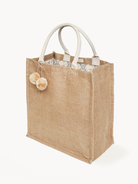Jute Canvas Market Bag With Pompom-0