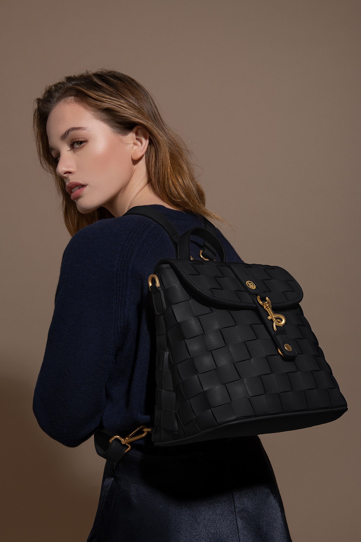 Black Mini Woven Backpack | Vegan Leather-1