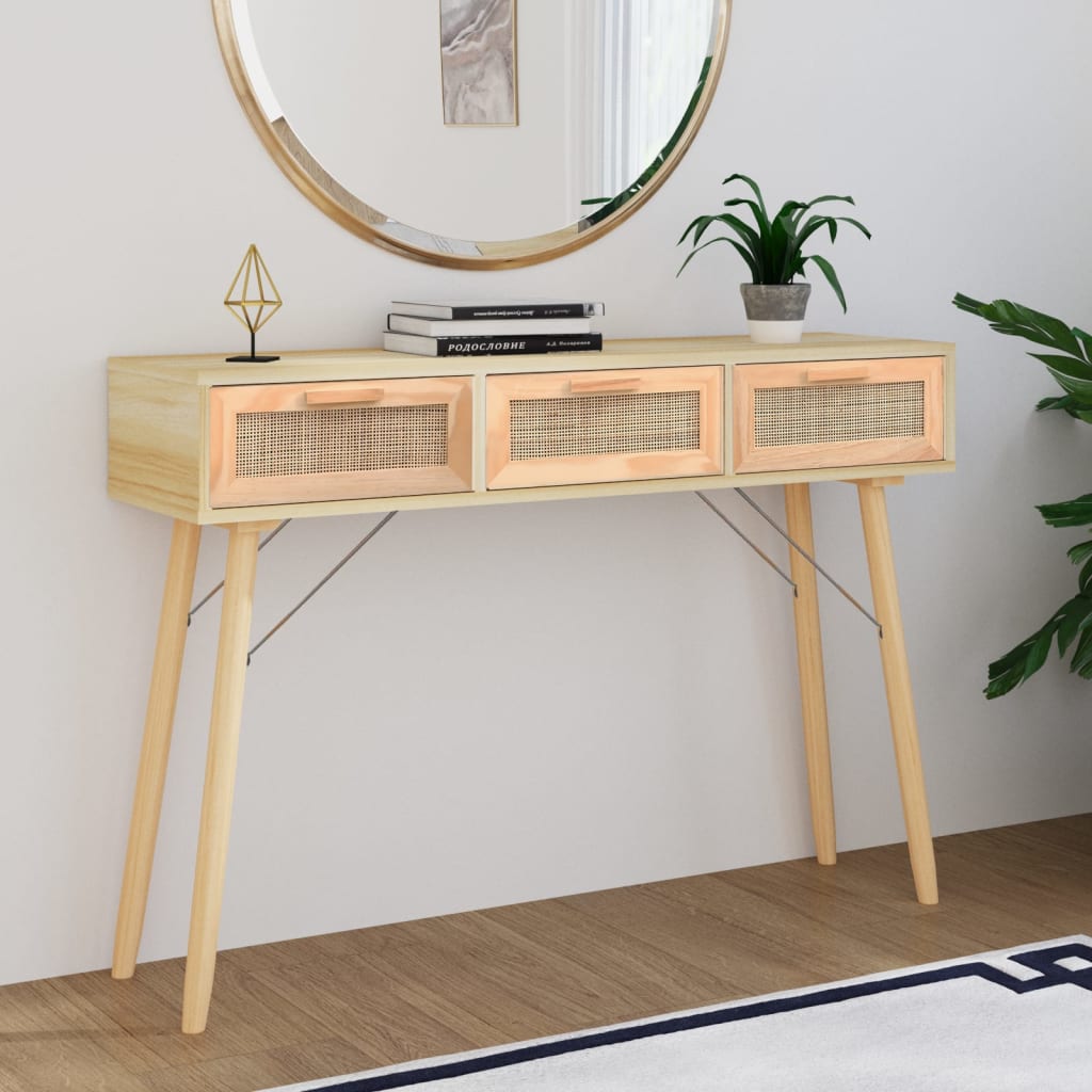 Console Table | Solid Wood Pine & Natural Rattan -4