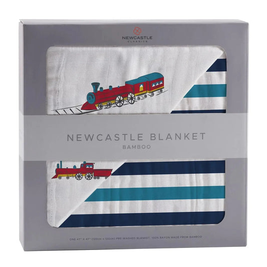 Baby Blanket | Bamboo Muslin - Trains & Blue Stripes Newcastle Classics