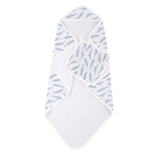 Hooded Towel & Washcloth Set | Bamboo Muslin - Blue Whales Newcastle Classics