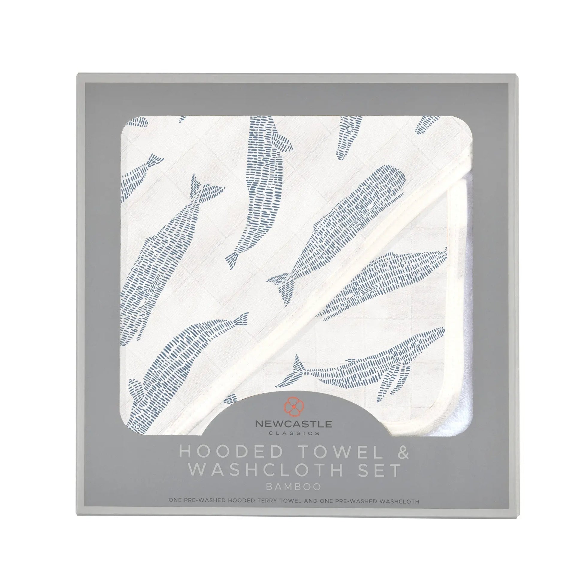 Hooded Towel & Washcloth Set | Bamboo Muslin - Blue Whales Newcastle Classics