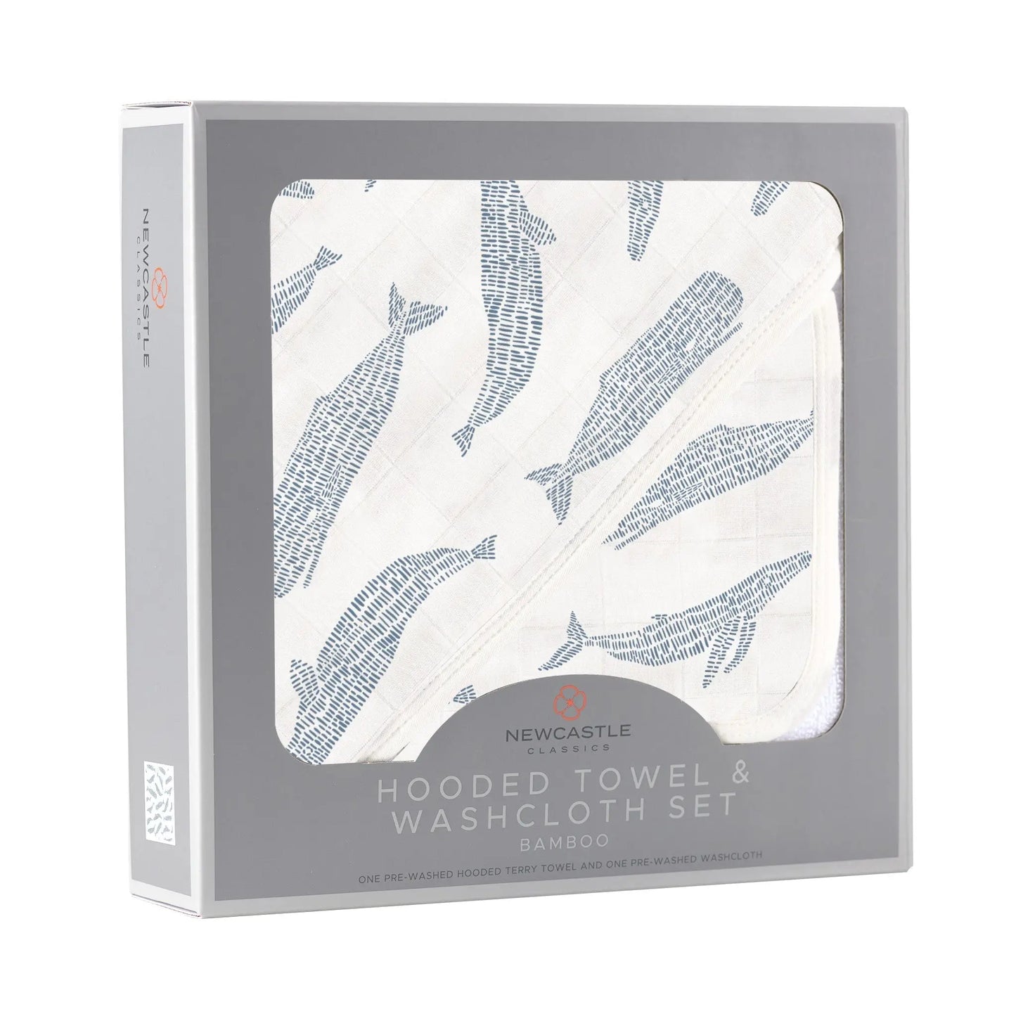 Hooded Towel & Washcloth Set | Bamboo Muslin - Blue Whales Newcastle Classics