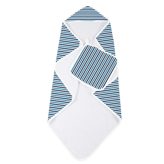 Hooded Towel & Washcloth Set | Bamboo Muslin - Blue & White Stripe Newcastle Classics