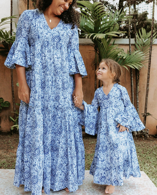 Twinning Set - Block Printed Dress - Blue Floral-0