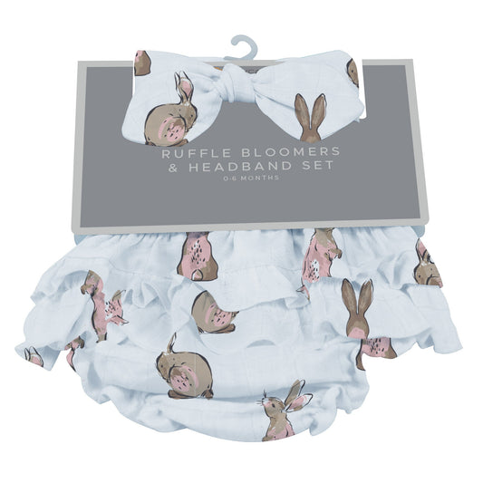 Baby Ruffle Bloomers & Headband Set | Powder Pink Bunnies -0