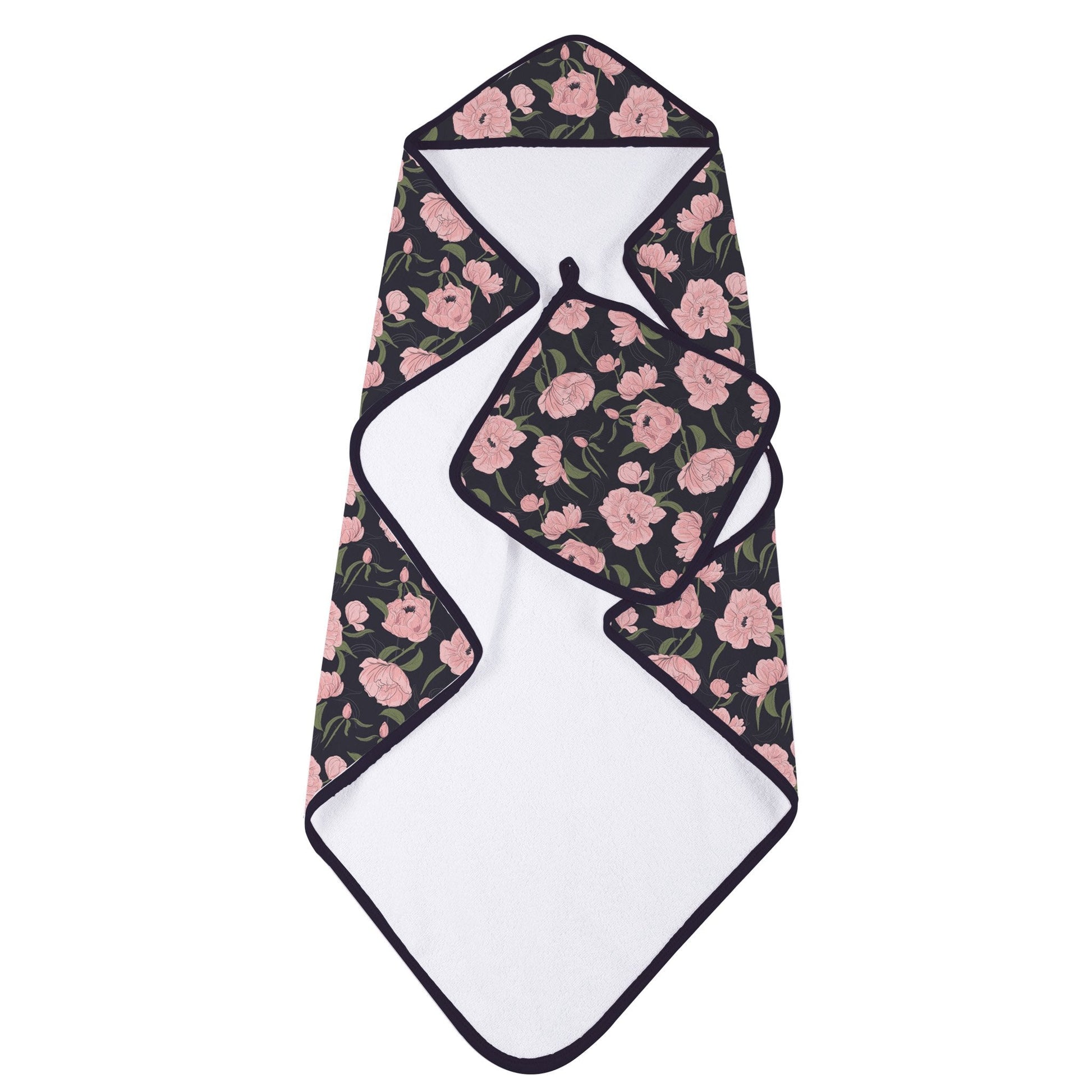 Hooded Towel & Washcloth Set | Bamboo Muslin - Peonies Hooded -1