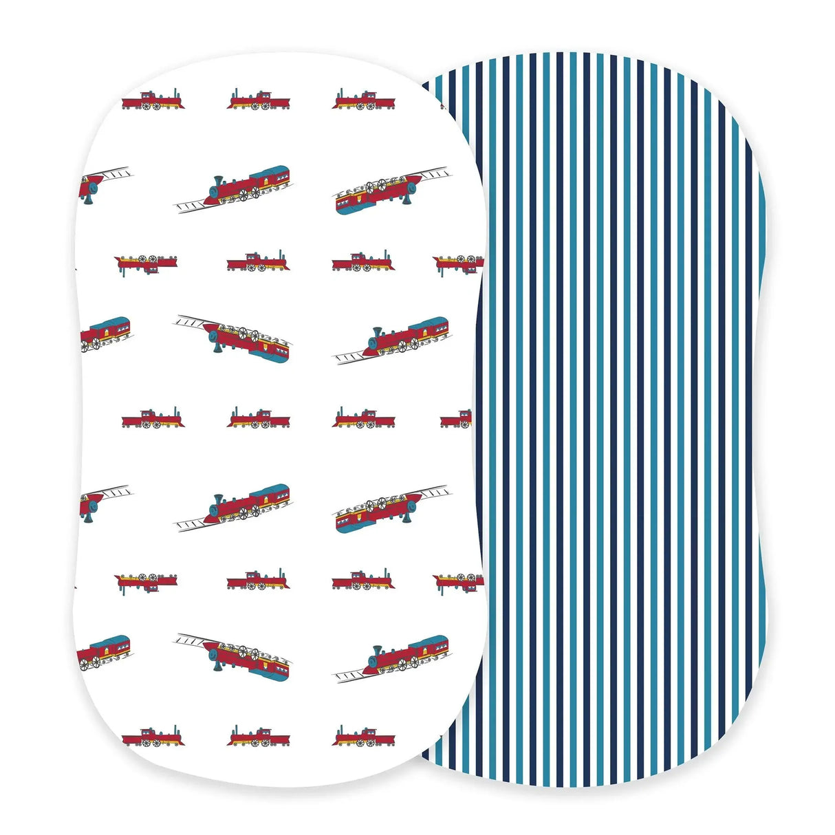 Vintage Steam Trains and Blue and White Stripe Bamboo Changing Pad Cover/Bassinet Sheets Newcastle Classics