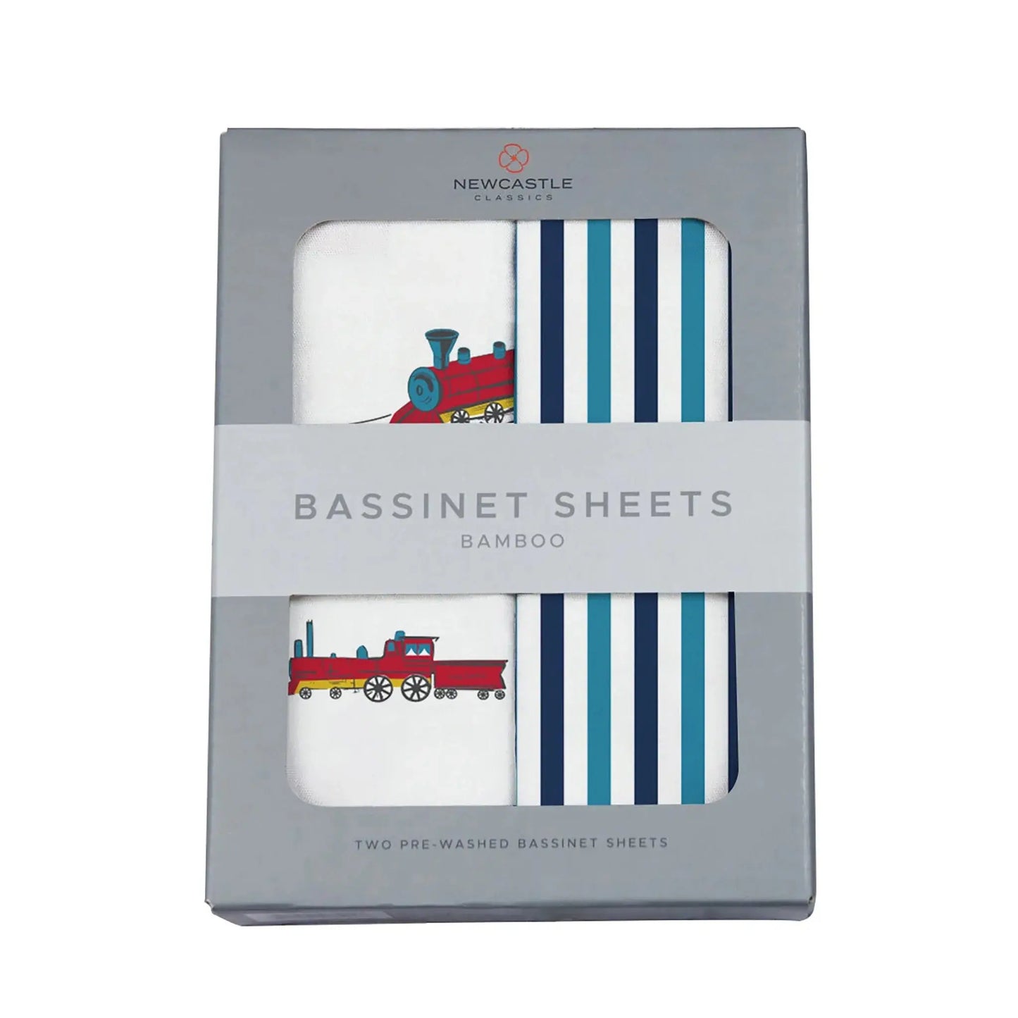 Vintage Steam Trains and Blue and White Stripe Bamboo Changing Pad Cover/Bassinet Sheets Newcastle Classics
